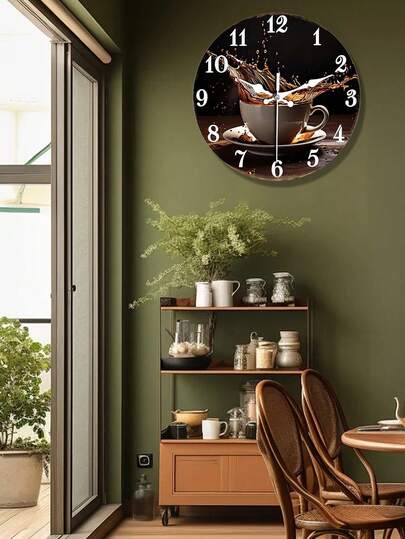 10/12 Inch Silent Coffee Splash Wooden Wall Clock - No Ticking, Easy To Read, Battery Powered - Ideal For Living Room, Kitchen, Cafe, Home Office Decor (Batteries Not Included)