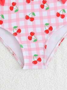 Young Girls Cherry Plaid Print One-Piece Swimsuit, Pink - Multicolor - View 5