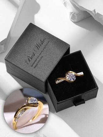 Juego de caja de regalo Anillo de circonita cúbica elegante minimalista, anillo de cobre chapado en oro blanco con diamante simulado adecuado para compromiso, boda y regalo de vacaciones de mujer