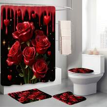 1pc/4pcs Valentine's Day Luxury Queen Style! Red Rose High Heel Shower Curtain Set, Includes 12 Hooks, Non-Slip Bath Mat, U-Shaped Toilet Seat Cover, Machine Washable, Artistic Design, Suitable For All Seasons, Valentine's Day Shower Curtain, Bathroom Decor - Multicolor - View 3