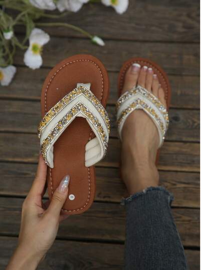 Summer New Rhinestone Thong Sandals Flat Flip Flops Casual Beach Slippers Women Black Versatile, Lightweight & Soft With Shiny Rhinestone Decor