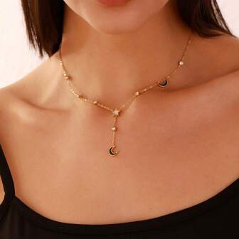 1ชิ้น สร้อยคอรูปดาวและพระจันทร์รูปตัว Y สำหรับผู้หญิง, เครื่องประดับเรียบง่ายสำหรับใส่ทุกวัน, ของขวัญรอมฎอน & การเฉลิมฉลองเทศกาลอีด, สร้อยคอสารพัดประโยชน์สำหรับทุกฤดูกาล, ดีไซน์รูปดาว