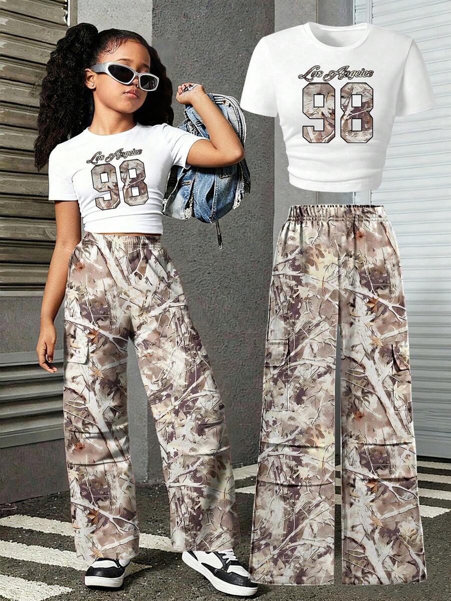 Tween Girl Letter Graphic Print Crew Neck Long Sleeve Top And Pants Set - White - View 1