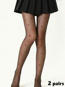 1 Pair Red Heart Pattern Black Stockings, Leg-Hugging Design To Make Legs Look Slimmer, Suitable For Dates And Outings - Black - View 12