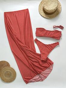 Bộ bikini 3 mảnh dành cho nữ, họa tiết sọc đỏ, áo quây, quần lửng và váy maxi, trang phục đi biển mùa hè thanh lịch. - Nhiều màu - Xem 7