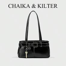 1件 CHAIKA & KILTER 纯色PU皮革女士单肩包，复古时尚单肩腋下斜挎包，带肩带装饰，拉链封口，双提手，适合日常使用 - 黑色 - 查看 10