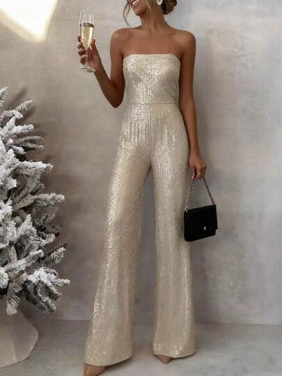 New Arrival Summer Solid Color Sleeveless Backless Sequin Jumpsuit, Fashionable Straight Leg Jumpsuit, Matching Color Women Bib Jumpsuit