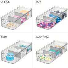 iDesign Crisp Plastic Refrigerator and Pantry Large Divided Bin with Handles Modular Stacking Food Storage Box for Freezer Fridge Office Cabinet Bathroom BPA Free Clear and Gray - Transparentegris - Ver 3