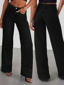 Women's High Waist Frayed Hem Wide Leg Jeans, Black Wash Denim Y2K Pants - 黑色 - 查看 1