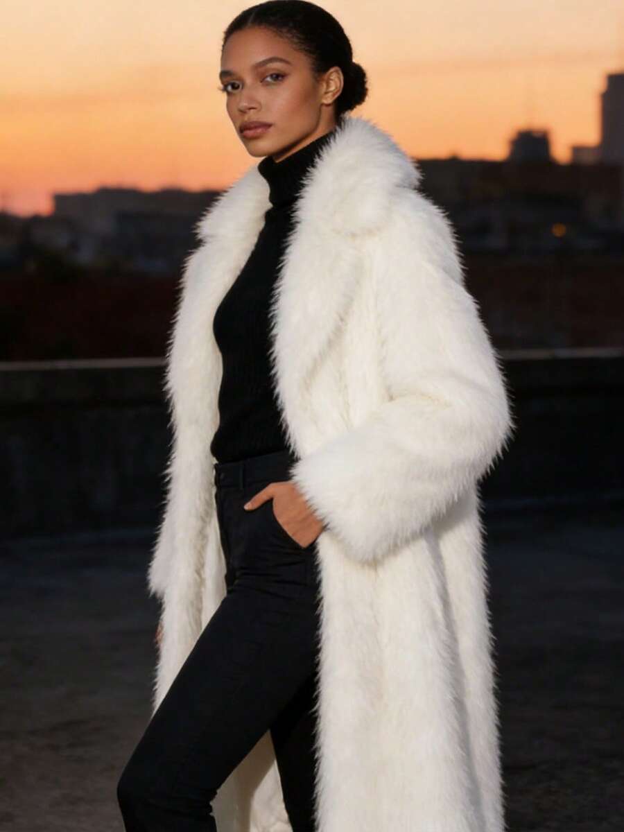 Women's Solid Color Long Toca Faux Fur Suit Collar Coat Long Sleeve Long Fluffy Collar Cardigan Jacket For Winter - 白色 - 查看 1