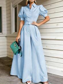 优雅女士长款阔腿连体裤，泡泡短袖，领口、纽扣和腰带细节设计 - 藍色 - 查看 4