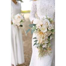 Cascading Bouquets For Bride Beige Rose Artificial Bridal Bouquet For Boho Rustic Wedding Ceremony Anniversary - 新娘花束 - 查看 3