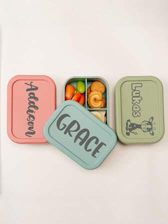 Personalized Silicone Lunch Box, Customizable Name Portable Bento Box, Essential For Back To School, Unisex, 3-Compartment Design, Convenient For Meal Storage, Suitable For Work, Study And Outdoor, Space-Saving, Fashionable Appearance, Back To School Gift