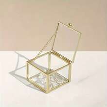 1 pieza Caja de joyería rectangular de vidrio con decoración de cadena dorada vintage - Cierre con cremallera segura, exhibición transparente para aretes, anillos, collares, pulseras - Organizador de joyas y almacenamiento elegante para el hogar - ORO - Ver 11