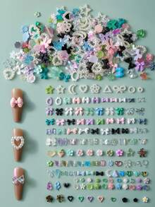100颗3D多色混合树脂美甲钻，造型包括蝴蝶、熊、Y2K玫瑰、蜜桃裙、蝴蝶结、鹿、蛇、兔子等动物造型，仿珍珠材质，手工材料，款式随机混搭，树脂美甲配件，卡通粉白美甲钻装饰，DIY美甲用品 - 彩色 - 查看 5