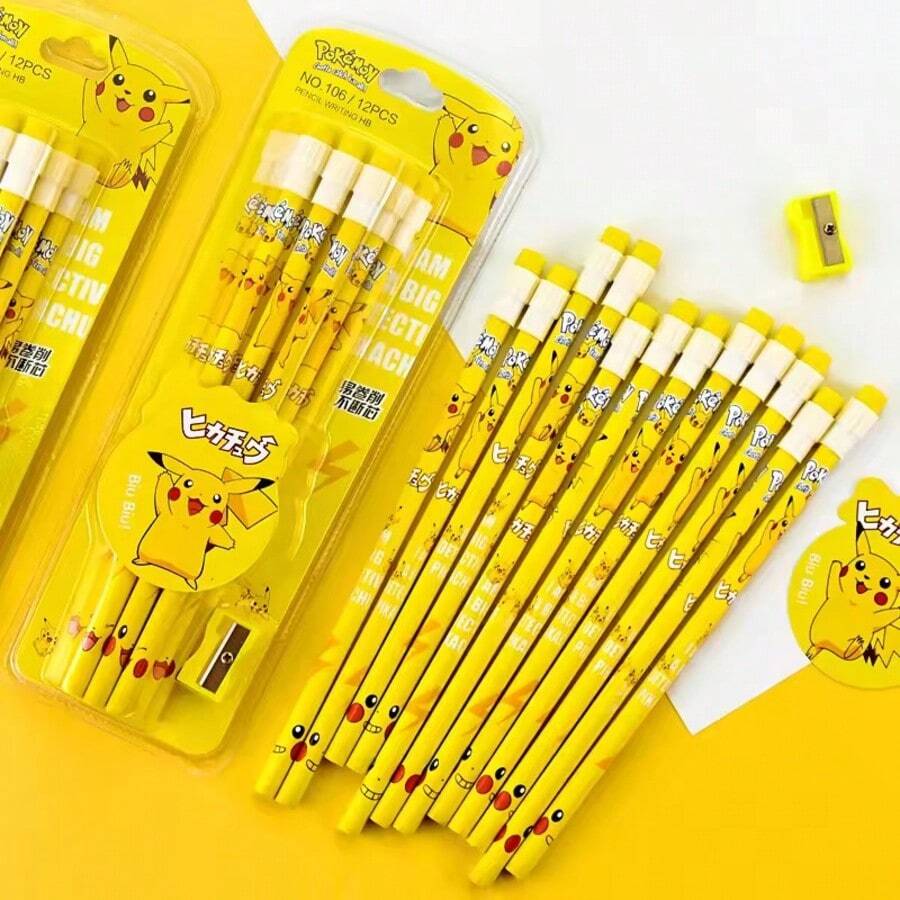 12pcs Pokemon Pikachu Cartoon Pencils, Unique Pokemon Pencils, Cute Office Stationery, Birthday & Christmas Gift - Multicolor - View 1