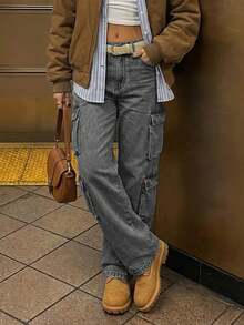 Women's Y2K Streetwear Multi-Pocket Straight Leg Cargo Jeans - Grey - View 3