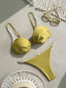 LUCKY HOLIDAY 2026春夏新款女士两件套泳衣，亮面面料，可拆卸衬垫文胸，钢圈设计，时尚性感夏季沙滩比基尼，适合海滩度假 - 青綠色 - 查看 2