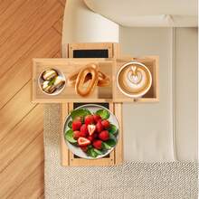 Couch Armrest Table, 3-In-1 Magnetic Detachable Couch Arm Tray With Cup Holder And Phone Holder, Foldable Bamboo Couch Cup Holder For Remote Controls, Phones, Snacks, Cups, Burlywood - Multicolor - View 5