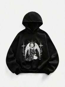 ROMWE MEN Men's Anime Character Print Long Sleeve Casual Hoodie - màu đen - Xem 6