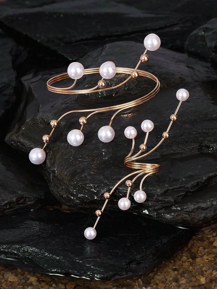 Opalesca 1 set Parure de bracelet et bague bijoutée à motif géométrique creux élégant et à la mode, convient pour le port en vacances, en soirée, cadeau - Doré - Voir 1