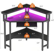 Sweetcrispy Conner Desk Home Office Computer Desk For Small Space With LED Lights Gaming Table With Storage Shelves Power Outlets Monitor Stand Keyboard Tray For Bedroom - 黑色 - 查看 9