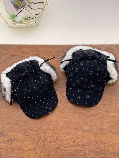 灰色毛绒护耳“雷峰”帽，碎花图案，人造毛皮内衬，保暖隔热，户外骑行防风飞行员帽，可爱小熊波点黑色“雷峰”帽，多功能小众保暖护耳棒球帽，保暖隔热“雷峰”帽，男士防风毛绒护耳帽，秋冬季