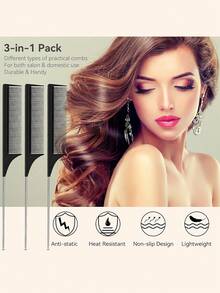 Bộ 3 lược chải tóc có đuôi nhọn - Lược tạo kiểu bằng sợi carbon chịu nhiệt, lược răng nhỏ gỡ rối, có đuôi nhọn bằng thép không gỉ màu đen/hồng, cán kim loại, phù hợp với các kiểu tóc thông thường - Món quà lý tưởng cho ngày Valentine, thiết kế thời trang. - màu đen - Xem 7