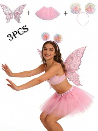 1 fjärilsfenvinge + 1 30 cm puffig kjol + 1 färgglatt ljust sidenhårband, lämpligt för olika festivaler, barer, fester, cosplay-rekvisita och musikfestivaler