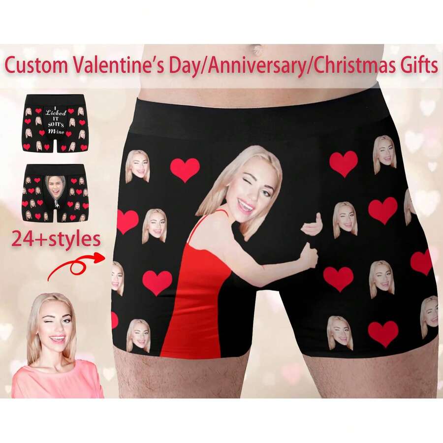 1Pc Personalized Face Boxer Briefs, Custom Photo Underwear, Anniversary Gift For Him, Personalized Underwear With Photo Picture Customized Girlfriend's Face Boxers, Valentine's Day Gifts, Dawg Adorable, Contracted, Funny, Cozy Custom, Personalized, Unique, Customized Personalized Gifts For Men Ideal Gifts For Him Boyfriend, Friends Bedroom, For Weddings, For Holiday, For Anniversaries, For Birthdays - Black - View 1