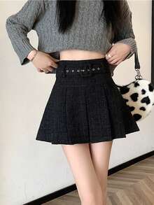 High Waist Slimming Metal Waist Belt A-Line Pleated Skirt, Shiny Tweed Fabric, Fashionable For Daily Wear, Dates, Commuting, Hanging Out With Friends, Autumn/Winter Japanese Chic Style Mini Skirt - Black - View 6