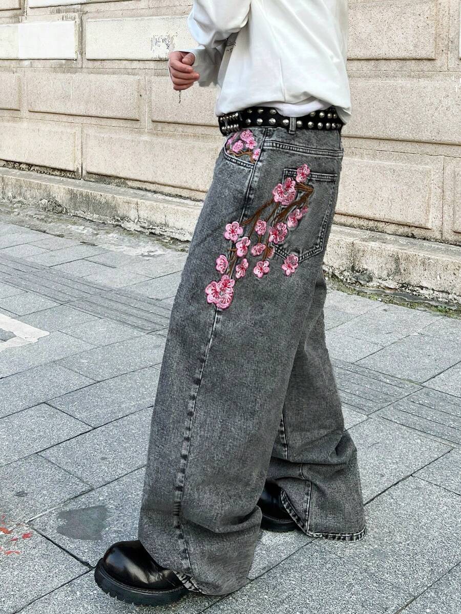 1件美式街头风男士刺绣阔腿牛仔裤，宽松舒适，四季皆宜，休闲直筒牛仔裤（不含腰带和配饰） - 灰色 - 查看 1