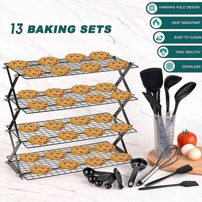 13-Piece Set Of Silicone Baking And Cooking Kitchen Utensils, With A 4-Layer Cooling Rack, A Silicone Spatula, A Leaky Spoon, A Soup Spoon, A Scraper, A Frying Shovel, And Baking Tools, A Sweeper, An Egg Beater, A Food Clip, A Measuring Cup And A Measuring Spoon, A Scale Cup, An Egg Machine, To Meet The Kitchen Scenes Such As Baking And Cooking Cookies, Stir-Frying, Cooking And Baking, Kitchen Necessities, Good Gifts.