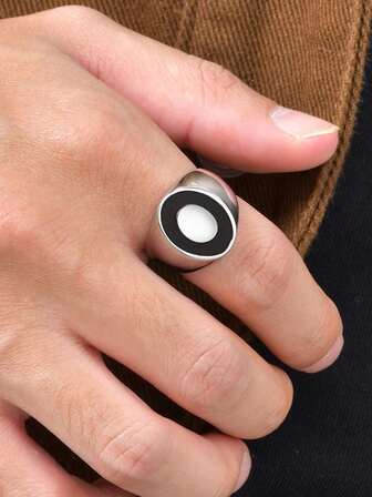 1pc Minimalist Stainless Steel Silver & Black Ring, Men's Fashion Jewelry