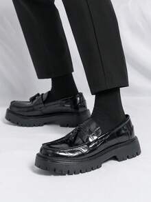 Men's Leather Printed Platform Slip-On Penny Loafers Fashion Round Toe Metal Decoration Non-Slip Lug Sole Business Dress Shoes For Driving Office Party - 黑色 - 查看 9