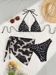 Women's Polka Dot Camisole Bikini Top, Paired With Matching Abstract Print Sheer Wrap Skirt Beach Outfit Set Vacation - Black and White - View 1