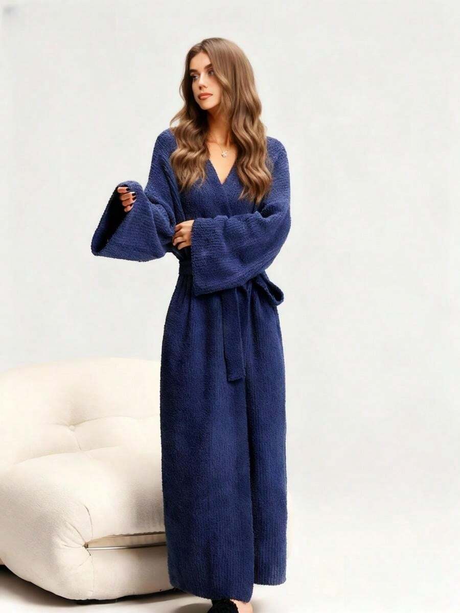 Black Friday1-[COZY Soft Plush Feel]Women's Double-Sided Fleece Robe|Thickened Long Plush Loungewear|Warm Flannel Pajamas For Fall & Winter|Soft, Cozy, And Wearable Indoors & Outdoors - 寶藍色 - 查看 1