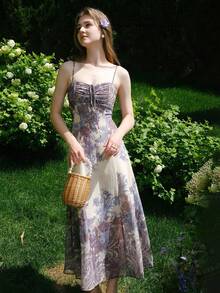 女士夏季波西米亚度假风印花褶皱打结吊带连衣裙 - 紫色 - 查看 3