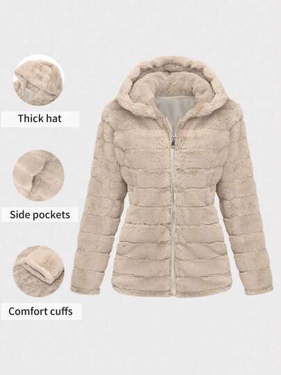 Women's Autumn/Winter Hooded Jacket With Pockets, Warm Soft Faux Fur, Suitable For Pairing With Dresses For Festive Occasions Or Jeans For Casual Daily Wear