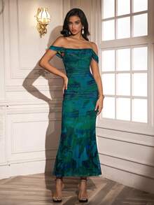 PARTHEA Off Shoulder Mermaid Hem Mesh Ruched Bodycon Long Dress Vacation - Teal Blue - View 6