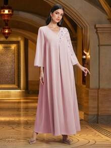 Vestido árabe elegante de manga larga con cuello en V, de unicolor y con cuentas hechas a mano, para primavera - Rosa Pálido - Ver 9