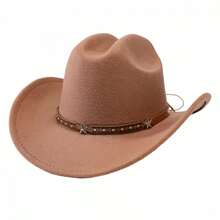 Western Style Cowgirl Cap Stylish Pentagram Leather Belt Decorated Wide Brimmed Fedora Hat For Men Women Outdoor Wear - 淺棕色 - 查看 7