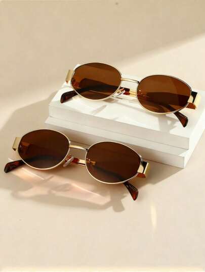 2pcs Oval Metal Personalized Fashion Eyeglasses, Retro Style, Suitable For Women, Summer Beach Vacation, Outdoor Travel, Travel Fashion Accessory