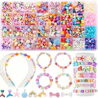 32色珠子DIY手链工艺套装，各种形状的珠子，可制作独一无二的手工手链，作为礼物送给朋友和家人（珠宝制作套装）