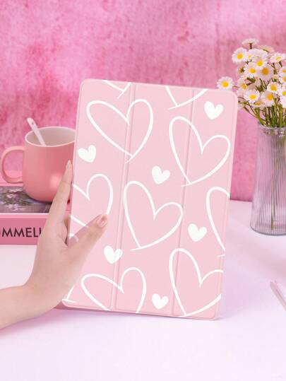 1个粉色线条爱心图案平板电脑保护套，三折式支架保护壳，兼容苹果10.2英寸平板电脑、苹果Pro 2021/2020款/苹果（A16）11英寸第11代/2025款/第10代平板电脑、三星Galaxy Tab A8 10.5英寸2022款、Matepad 10.4/Tab/平板电脑，防摔，带笔槽，支持睡眠/唤醒功能，情人节礼物