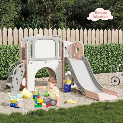 Juego de juegos 8 en 1 para niños pequeños para interiores y exteriores, incluye escalador, aro de baloncesto, telescopio, túnel y espacio de almacenamiento para diversión en el patio trasero