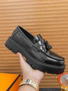 Men's Leather Printed Platform Slip-On Penny Loafers Fashion Round Toe Metal Decoration Non-Slip Lug Sole Business Dress Shoes For Driving Office Party - 黑色 - 查看 5