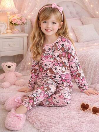 Pajama Set Young Girl Cute Cartoon Rabbit Print Girls Pyjama Set Casual Comfortable Round Neck Long Sleeve Home Clothes Two Pieces Set