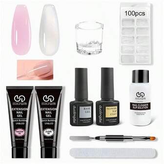 Complete Nail Extension Kit: Crystal Quick Building Gel, UV/LED Cured, Includes 100pcs Forms & Versatile Brush - Perfect For Beginners & DIY Nail Art Enthusiasts