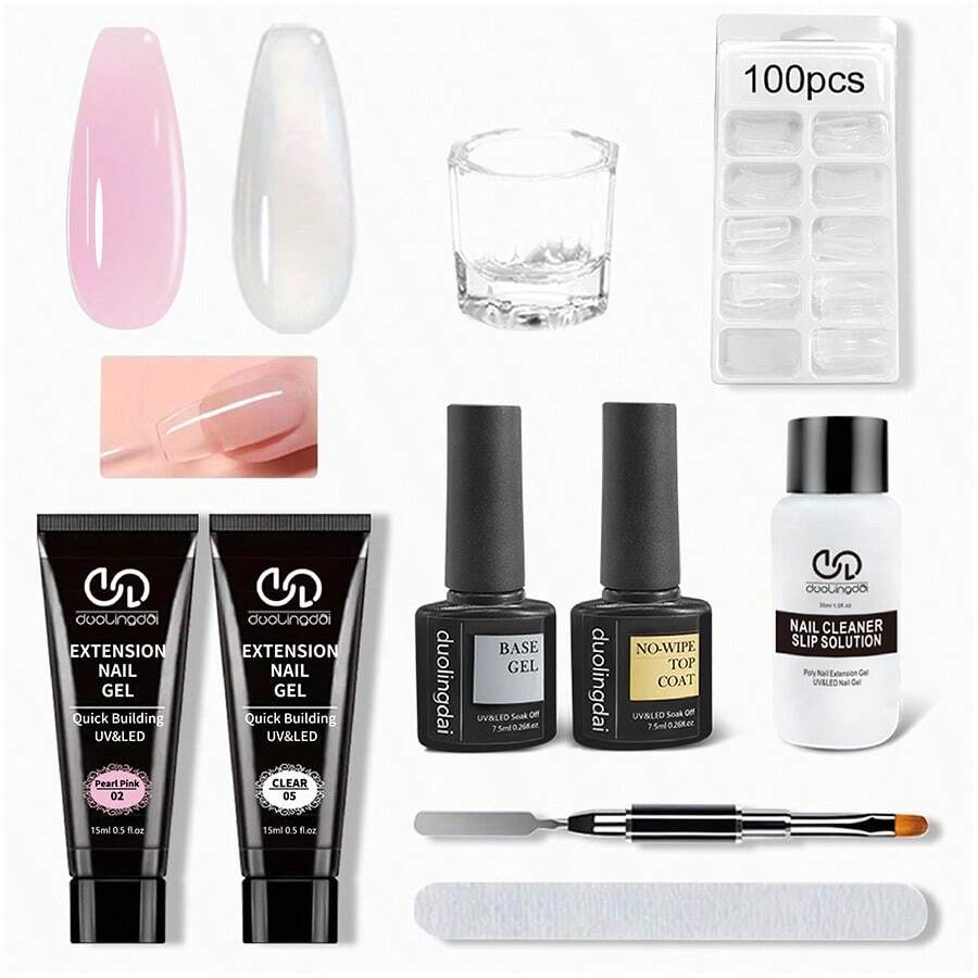 Kit completo de extensión de uñas: Gel de construcción rápida de cristal, curado con UV/LED, incluye 100 piezas de formas y un pincel versátil - Perfecto para principiantes y entusiastas del arte de uñas DIY - Multicolor - Ver 1